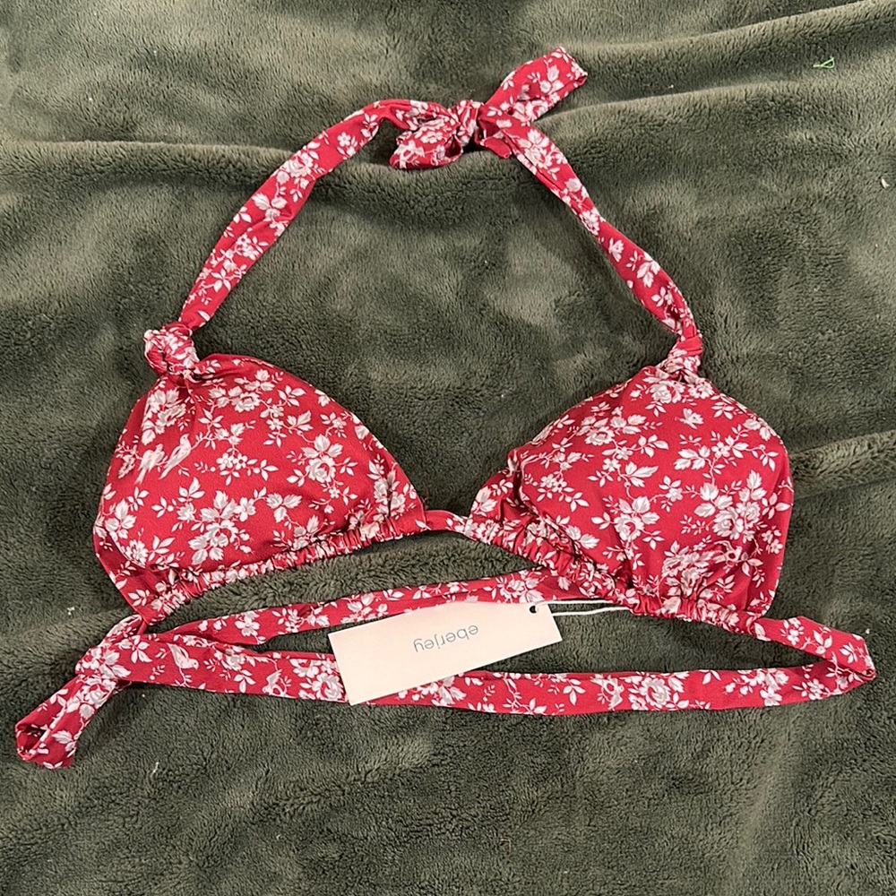 NWT Eberjey Dark Red and White Floral Bikini Top